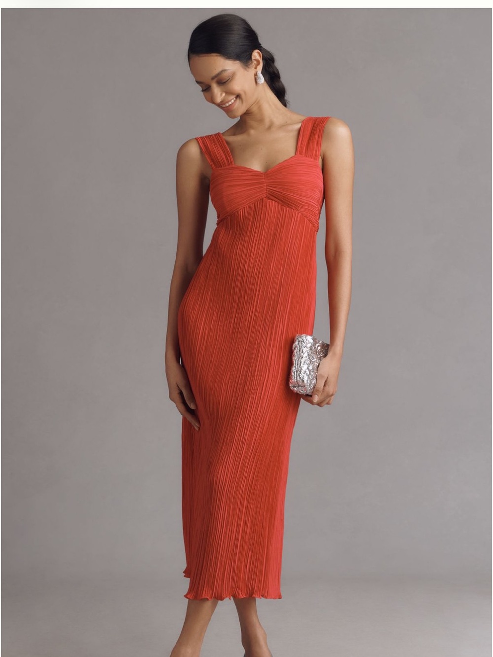 Fitted Red Pleated Midi Dress with Wide Straps